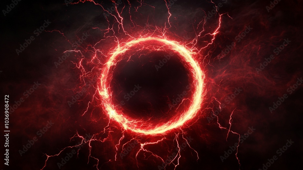 Poster an abstract red plasma ring with electrifying particles and swirling lightning lines, emanating ener