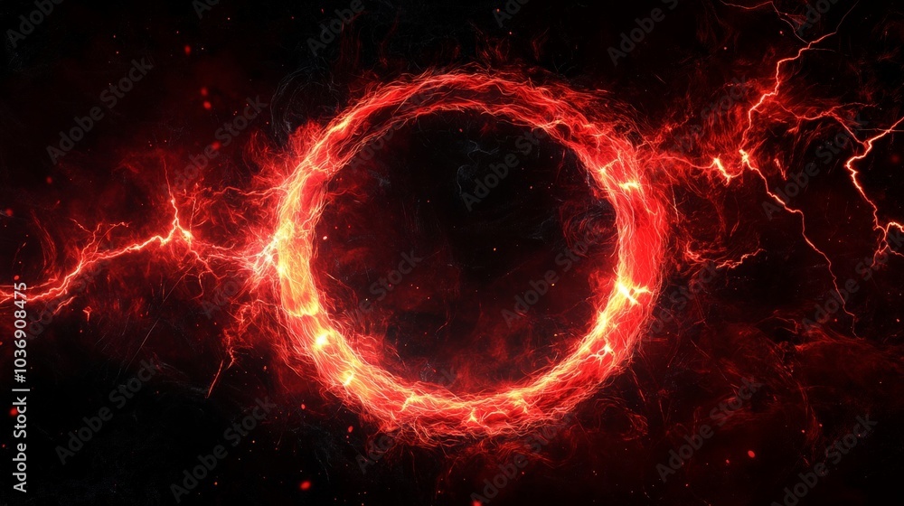 Aufkleber an abstract red plasma ring with electrifying particles and swirling lightning lines, emanating ener
