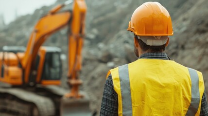 Construction worker observing machinery in a heavy-duty site with excavator focused on earth moving operations