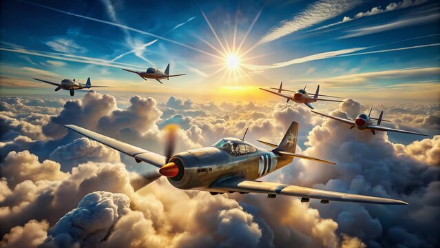 Vintage-inspired poster showcasing iconic World War II fighter planes in a thrilling aerial battle amidst fluffy white clouds and a blue sky with sun rays filtering through.