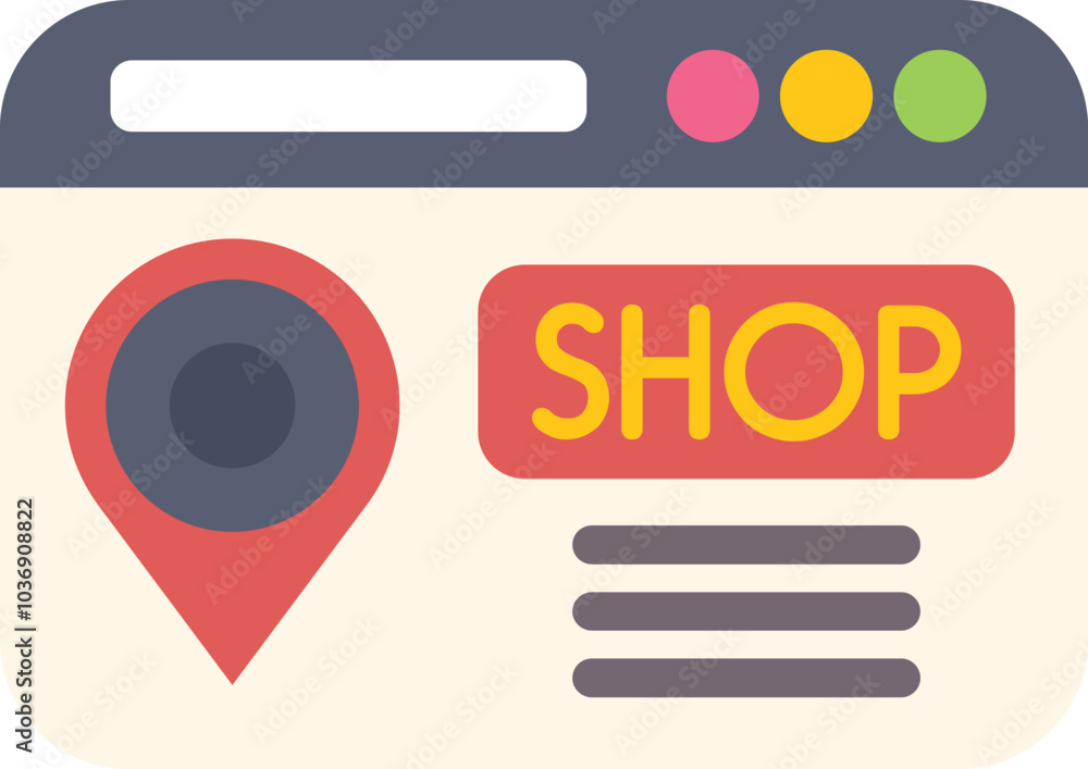 Poster illustration of a shop location symbol on a web browser window, representing finding stores online