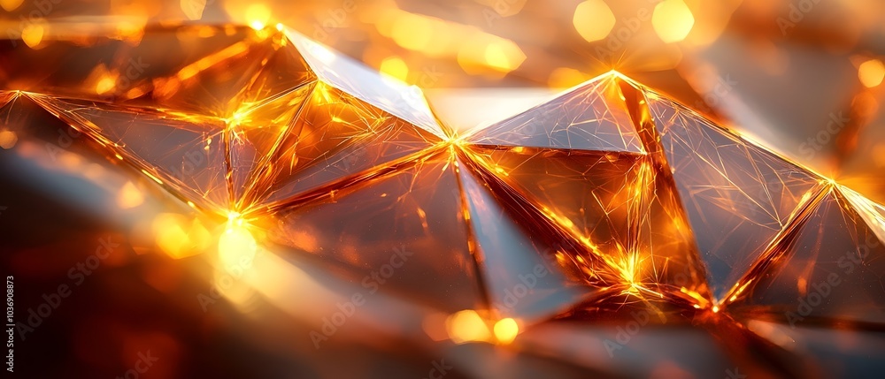 Poster a stunning close-up of a geometric structure featuring luminous orange and gold tones, creating a se