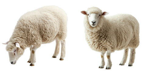 Fluffy sheep standing and grazing in natural pose, showcasing their woolly coats and gentle expressions. These animals are often associated with pastoral landscapes and farming