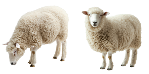 Fluffy sheep standing and grazing in natural pose, showcasing their woolly coats and gentle expressions. These animals are often associated with pastoral landscapes and farming
