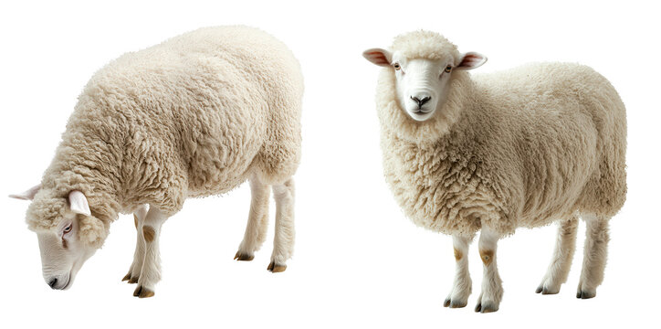 Fluffy sheep standing and grazing in natural pose, showcasing their woolly coats and gentle expressions. These animals are often associated with pastoral landscapes and farming