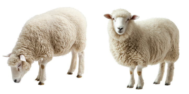Fluffy sheep standing and grazing in natural pose, showcasing their woolly coats and gentle expressions. These animals are often associated with pastoral landscapes and farming