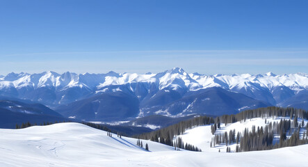 Panoramic view of winter mountains. Landscape of ski resort on a clear sunny day. Alpine mountains covered with white snow against blue sky. Winter holidays.