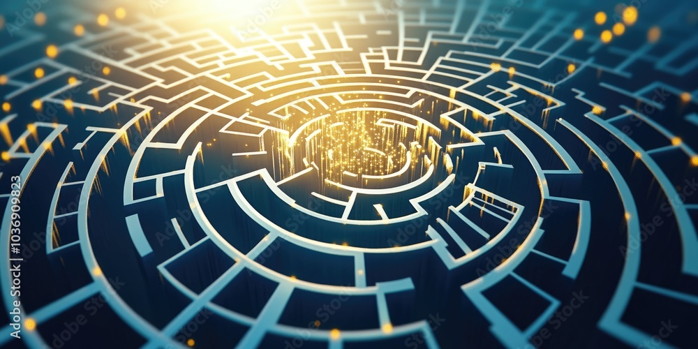 Poster a digital maze with glowing pathways and a central light source, symbolizing complexity and explorat
