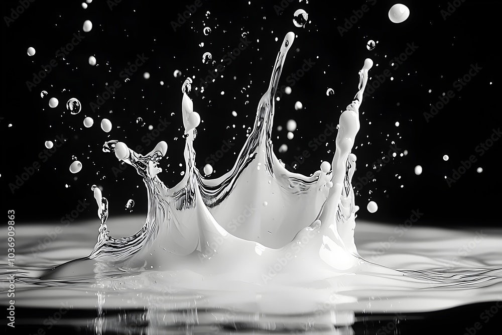 Poster a high-speed capture of a dynamic milk splash against a dark background, showcasing intricate drople