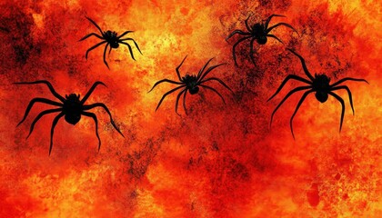 Creepy Halloween spider web wallpaper with spiders and a fiery backdrop
