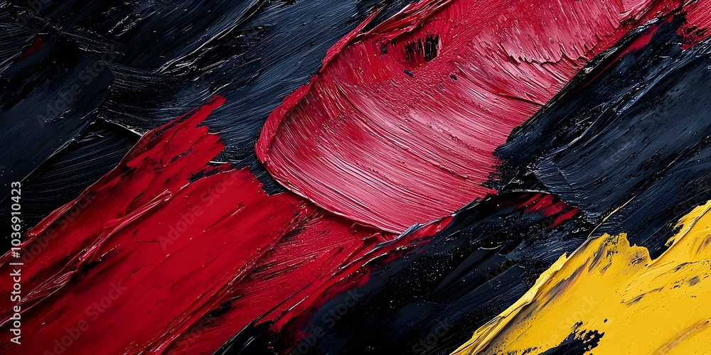 Poster an abstract close-up of textured paint featuring bold strokes of red, black, and yellow, creating a 