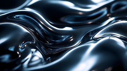 A close-up view of smooth, flowing liquid metal with a shiny, reflective surface creating a dynamic texture and captivating patterns.