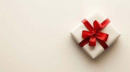 A white gift box with a red ribbon and a lovely bow on top