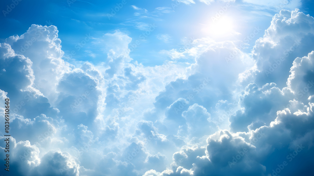 Wall mural beautiful blue sky with radiant sun and fluffy clouds