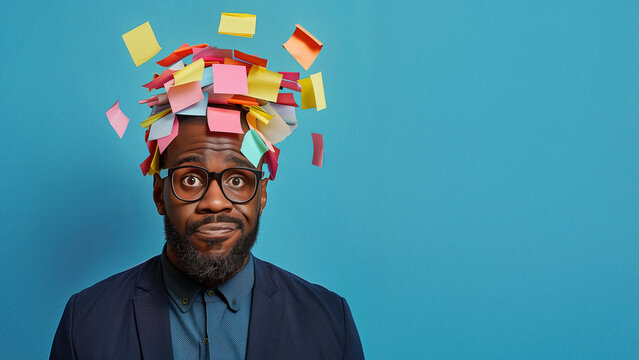Black man with colored sticky notes over head. Too many tasks,ideas thoughts empty background