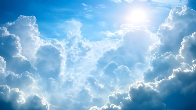 Beautiful blue sky with radiant sun and fluffy clouds