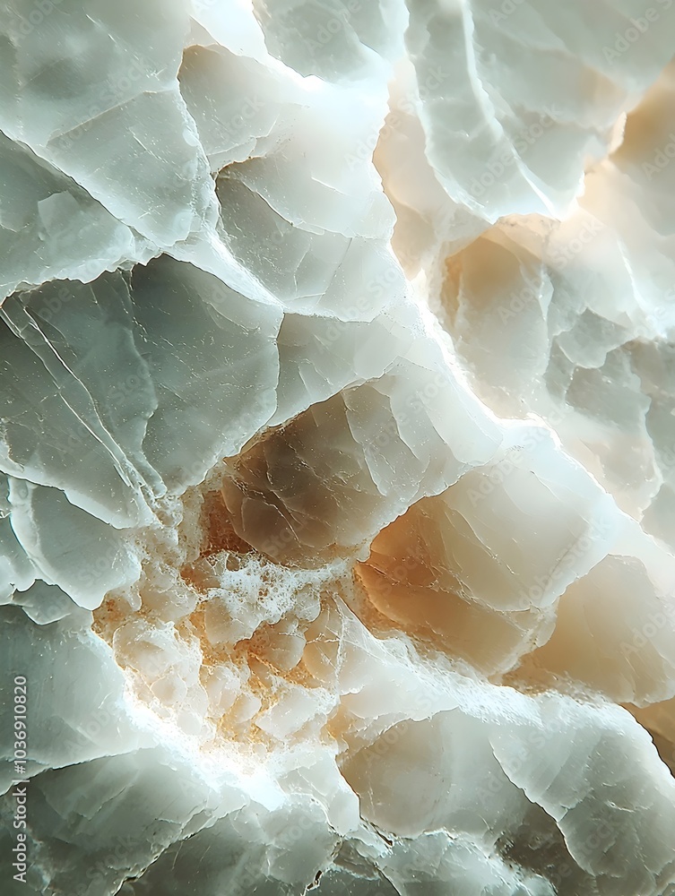Poster close-up of a stunning translucent agate stone, showcasing intricate patterns in soft hues of cream 