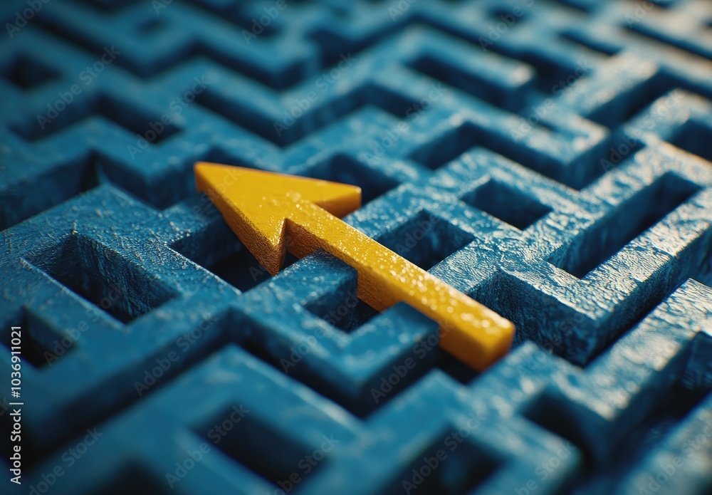 Poster a yellow arrow navigating through a blue maze, symbolizing direction and problem-solving.