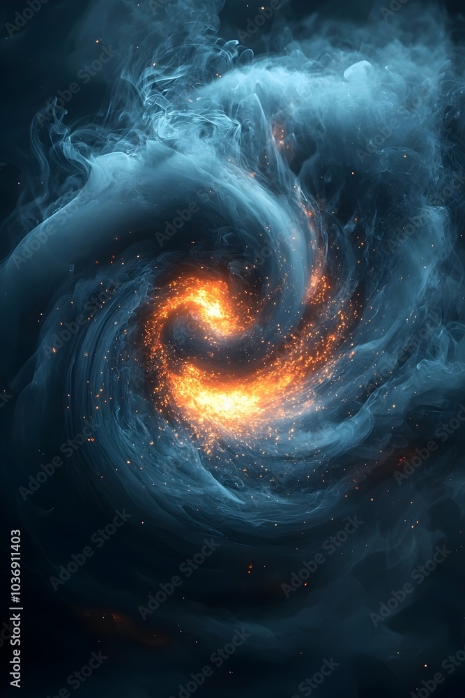 Poster a mesmerizing swirl of cosmic smoke and glowing sparks, creating a dynamic and ethereal visual in de