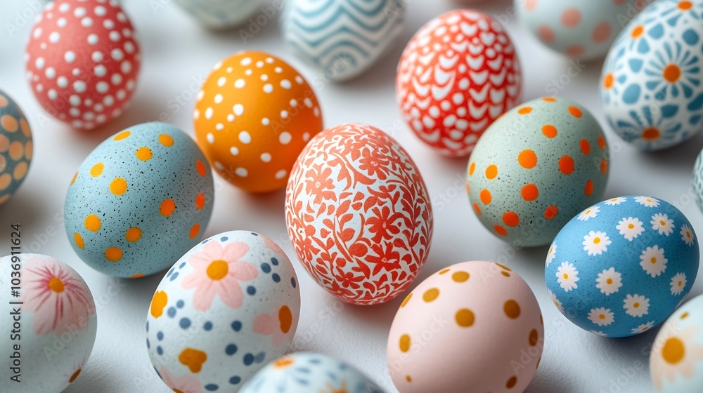 Poster Set of flat design Easter eggs various sizes and patterns resting on a pristine white background The colorful display offers a cheerful spring vibe with plenty of room for copy space