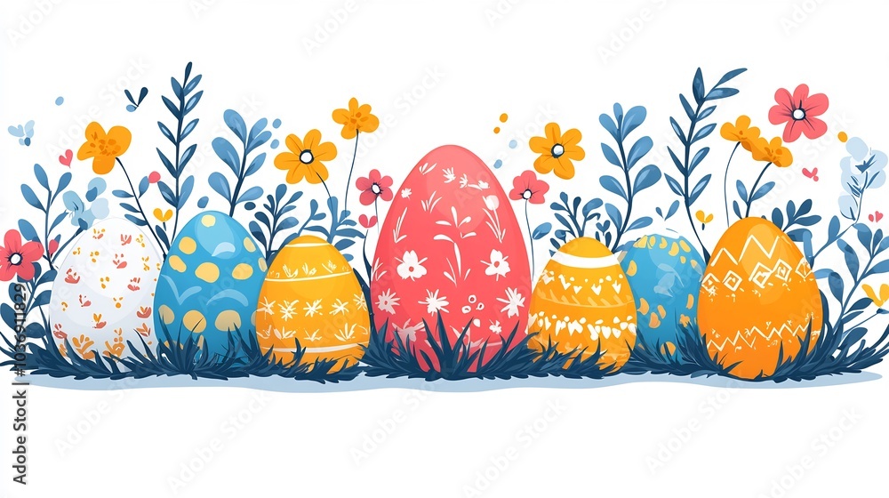 Poster set of flat design easter eggs various sizes and patterns resting on a pristine white background the