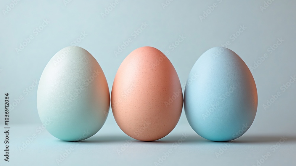 Poster simple easter design three lightly colored eggs arranged in a row on a flat pale blue background min