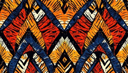 Vibrant seamless African pattern featuring ethnic motifs in bold colors