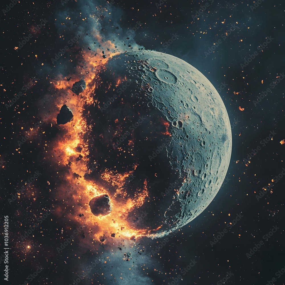 Poster disintegrating moon spiraling into planet s atmosphere in cosmic apocalyptic scene