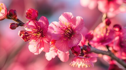 Obraz premium A detailed close up view of beautiful pink flowers on a tree branch