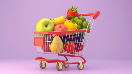 3D Cartoon Shopping Cart Loaded with Fruits and Vegetables.