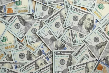 Big amount of american USD hunderd dollar bills banknotes close up