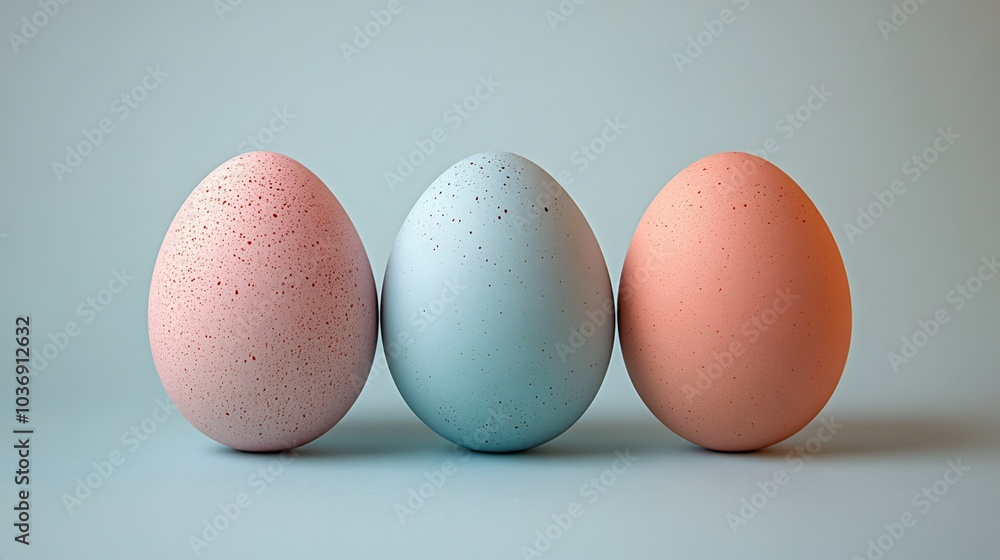 Poster simple easter design three lightly colored eggs arranged in a row on a flat pale blue background min