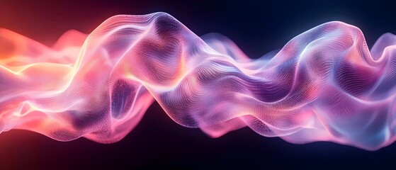 A vibrant, flowing wave of light in pink and blue hues creates a mesmerizing visual effect, resembling abstract fabric dancing in mid-air.