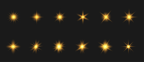 A glitter magic stars spark on a black background. Glow light effect. Vector glow sparkle effect: glowing starlight, glitter, explosion, spark—isolated yellow light effects. Flashing lights.	