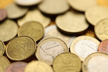 Pile of Euro coins. Various EURO coins for business money, financial cash, currency and economy concept