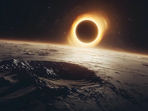 Dramatic Lunar Eclipse Over Alien Planet s Horizon Casting Halo of Light