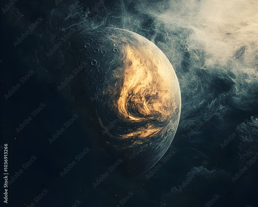Poster swirling clouds envelop glowing celestial orb in mysterious interstellar atmosphere