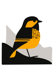 Cartoon birds against a background of abstract plants and shapes