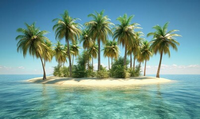Fototapeta premium A serene tropical island with palm trees surrounded by clear blue water under a sunny sky.