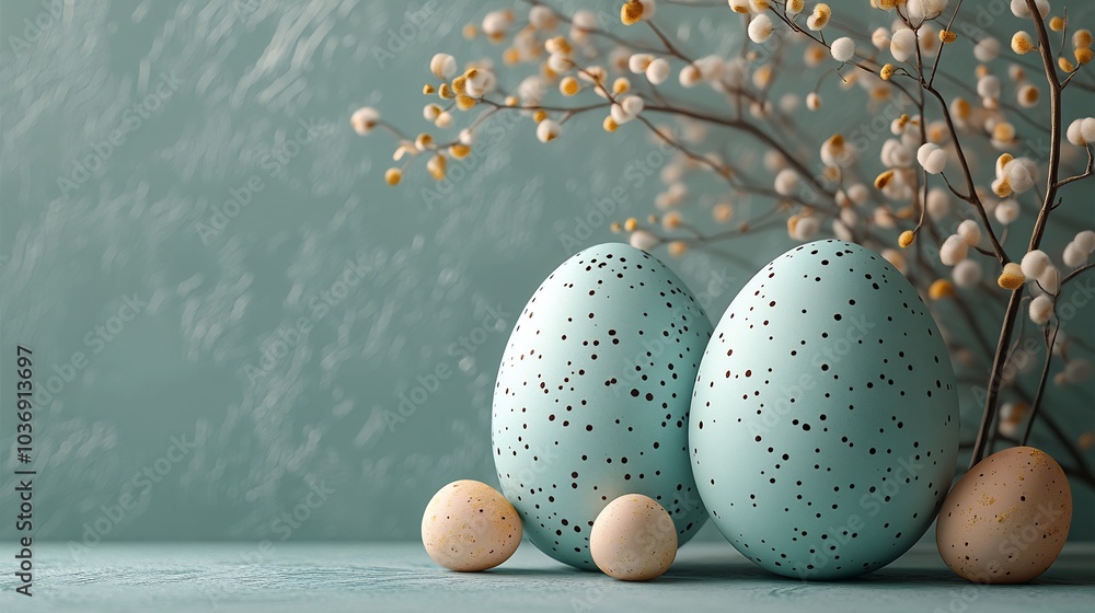 Poster simple easter scene featuring trio of lightly patterned eggs on a smooth muted background the clean 