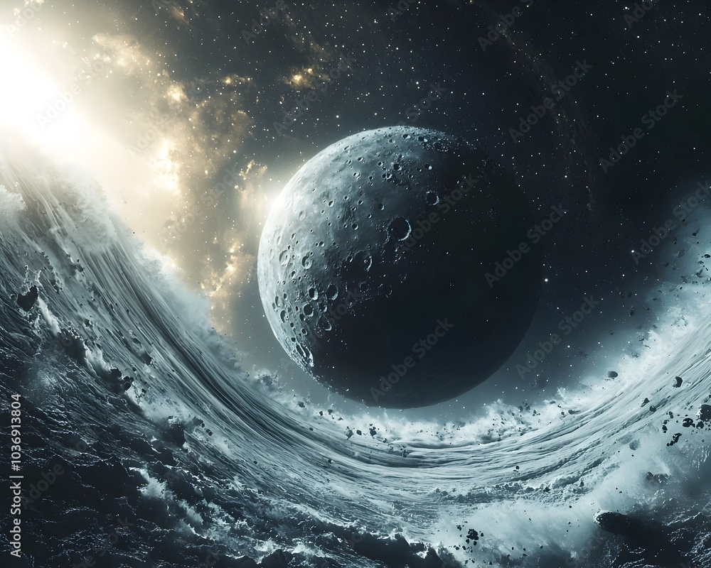 Poster captivating moon orbiting close to dynamic planet with churning tidal waves