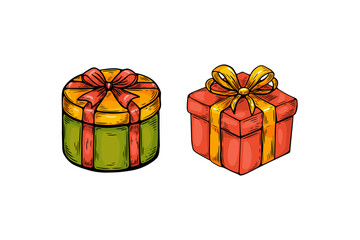 Vector sketch in vintage style, engraving, line drawing of colored gifts.
