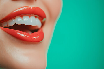 Obraz premium A white smile with red lipstick on a blue background. 