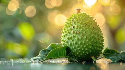 A large, unripe, fruit with a green spiky shell sits in the foreground on a leaf.