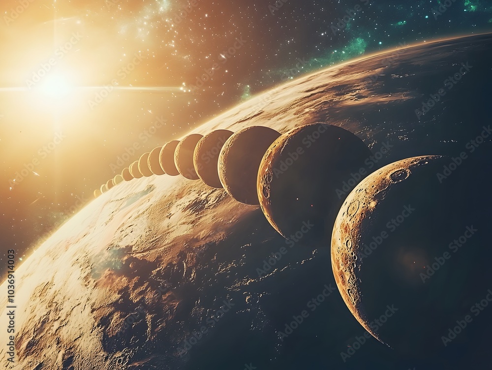 Poster rare celestial event with overlapping moons casting shadows on distant planet surface