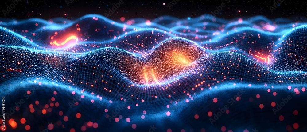 Poster a mesmerizing abstract landscape featuring glowing blue and orange waves, creating a sense of depth 