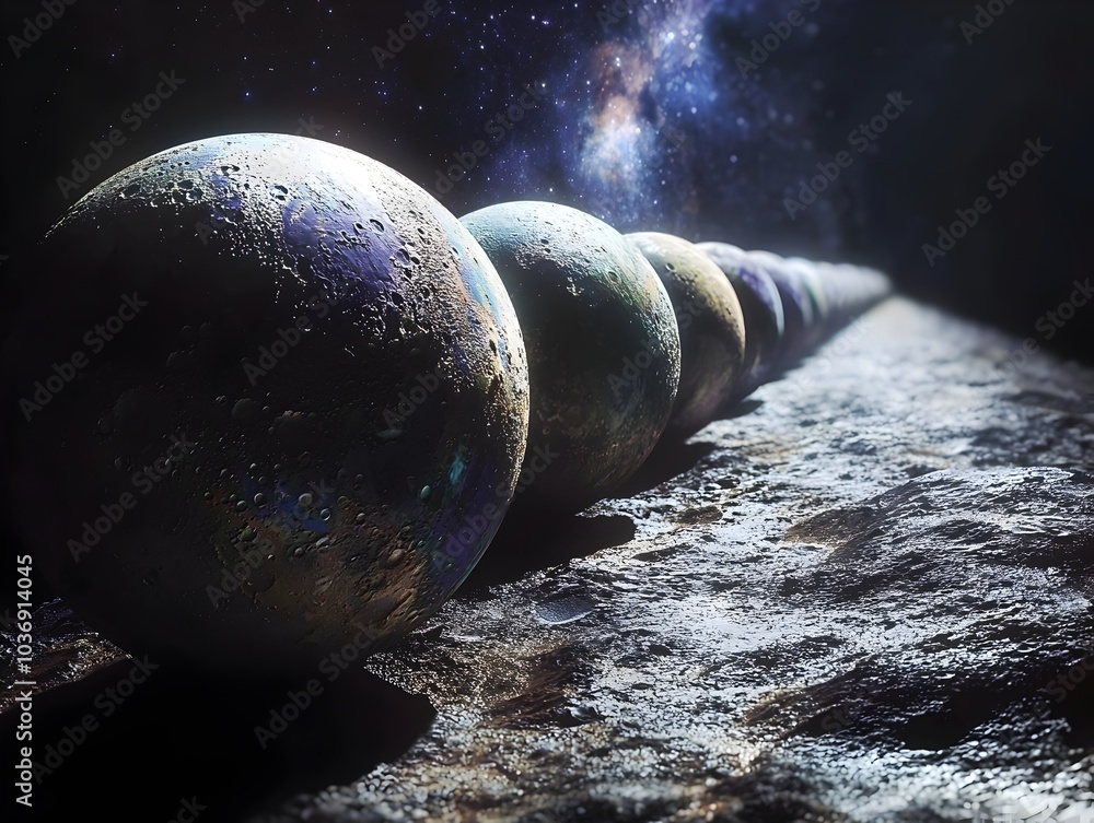 Poster rare celestial alignment of multiple moons casting overlapping shadows on distant planet