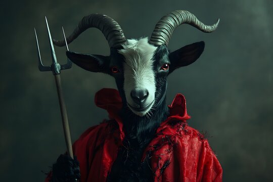 The enigmatic goat a haunting figure in a red cloak with a pitchfork