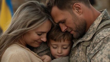 A hyperrealistic portrayal of a Ukrainian soldier in uniform being reunited with his family on a city street. The soldierâs wife and children are embracing him, while the Ukrainian