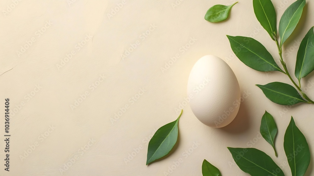 Poster single pastel egg resting a flat neutralcolored background with a few green leaves scattered around 